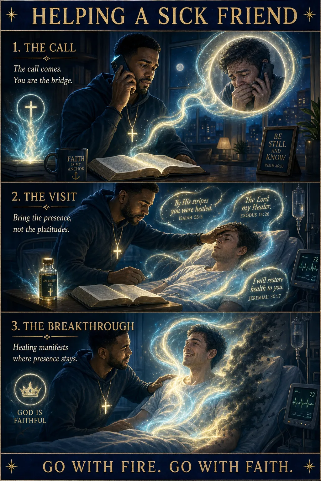 Three-panel cinematic biblical comic. Title bar: HELPING A SICK FRIEND. 1. THE CALL — a believer's phone rings; a friend has been diagnosed with a serious illness, weeping on the other end; the believer is the only one in the friend's circle who walks in faith. 2. THE VISIT — the believer arrives at the friend's bedside; not platitudes but fire: anointing oil, open Bible, steady hand; quiet declarations begin. 3. THE BREAKTHROUGH — the friend's body responds, illness retreating as holy fire wraps around their body; the friend's face brightens, healing manifesting; the believer stays present. Footer bar: GO WITH FIRE. GO WITH FAITH.