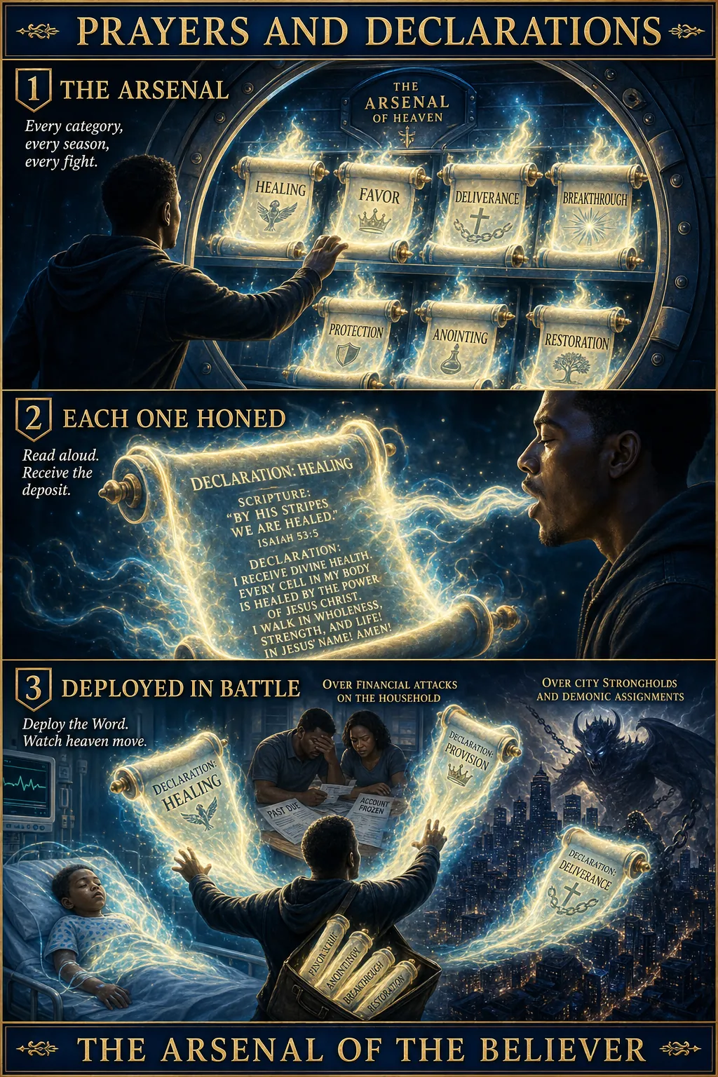 Three-panel cinematic biblical comic. Title bar: PRAYERS AND DECLARATIONS. 1. THE ARSENAL β an open vault-like chamber filled with glowing scrolls, each labeled with a prayer category (HEALING, FAVOR, DELIVERANCE, BREAKTHROUGH, PROTECTION, ANOINTING, RESTORATION); each scroll crowned with a holy-fire flame; a believer reaches in. 2. EACH ONE HONED β close-up of one declaration scroll unrolling with Scripture references and faith declarations in glowing fire-letters; a believer reads aloud, words coming out as holy fire. 3. DEPLOYED IN BATTLE β a believer mid-battle pulls multiple declarations from the arsenal, deploying them in real situations (over a sick child, over a financial attack, over a city demon); each lands with effect. Footer bar: THE ARSENAL OF THE BELIEVER.