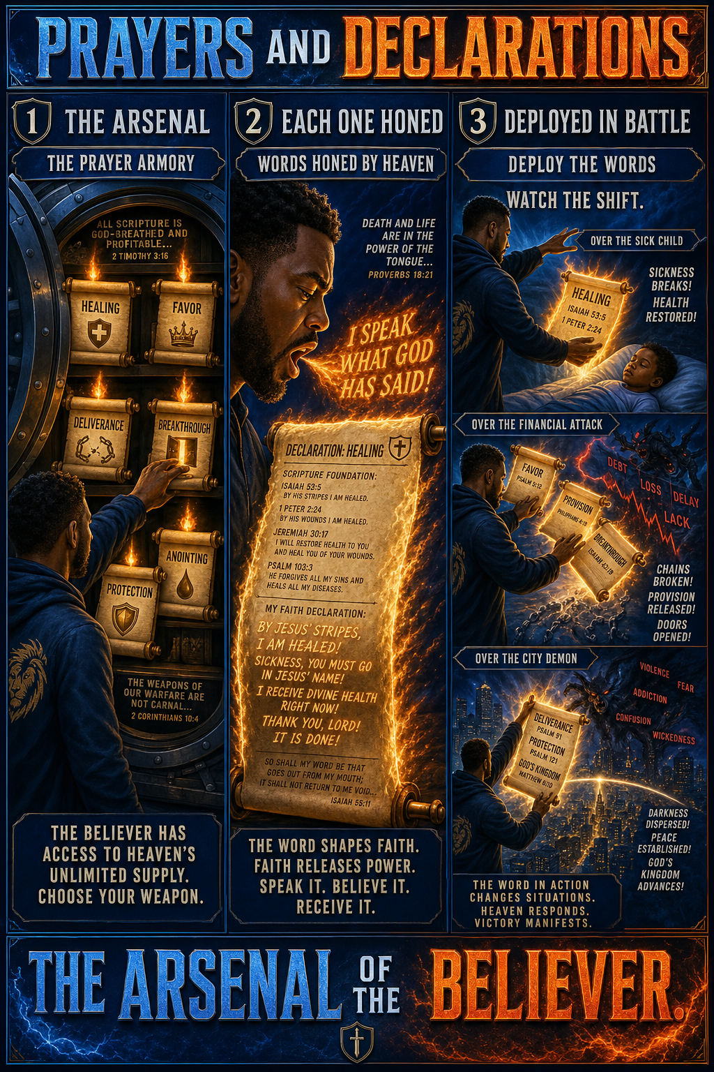 Three-panel cinematic biblical comic. Title bar: PRAYERS AND DECLARATIONS. 1. THE ARSENAL — an open vault-like chamber filled with glowing scrolls, each labeled with a prayer category (HEALING, FAVOR, DELIVERANCE, BREAKTHROUGH, PROTECTION, ANOINTING, RESTORATION); each scroll crowned with a holy-fire flame; a believer reaches in. 2. EACH ONE HONED — close-up of one declaration scroll unrolling with Scripture references and faith declarations in glowing fire-letters; a believer reads aloud, words coming out as holy fire. 3. DEPLOYED IN BATTLE — a believer mid-battle pulls multiple declarations from the arsenal, deploying them in real situations (over a sick child, over a financial attack, over a city demon); each lands with effect. Footer bar: THE ARSENAL OF THE BELIEVER.