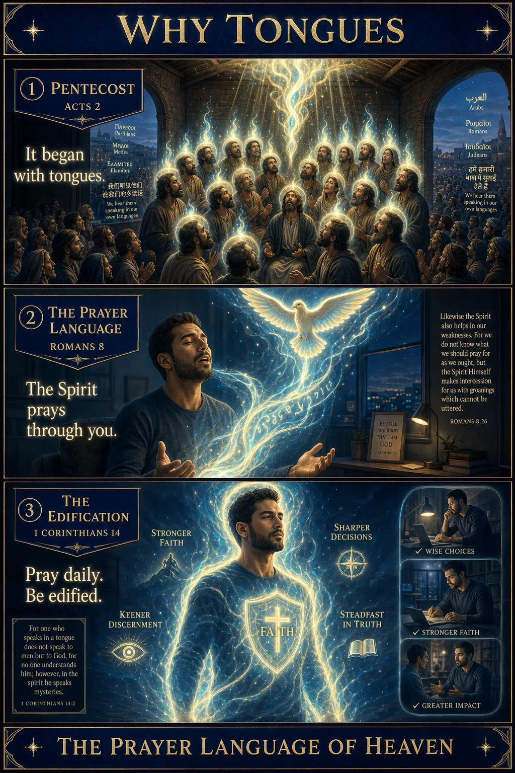 Three-panel cinematic biblical comic. Title bar: WHY TONGUES. 1. PENTECOST — the upper-room scene with tongues of HOLY FIRE descending onto the 120 disciples; each head crowned with a personal flame; multilingual crowds outside hearing them in their own tongues; ACTS 2 banner. 2. THE PRAYER LANGUAGE — a modern believer in quiet prayer, eyes closed, mouth moving with words he doesn't understand intellectually; holy fire streams up from his prayer language as a direct line to heaven; Holy Spirit dove descends; ROMANS 8 banner. 3. THE EDIFICATION — over time, the believer who prays in tongues daily is visibly strengthened; a halo of holy fire builds around him; his decisions sharper, faith stronger, discernment keener; 1 CORINTHIANS 14 banner. Footer bar: THE PRAYER LANGUAGE OF HEAVEN.