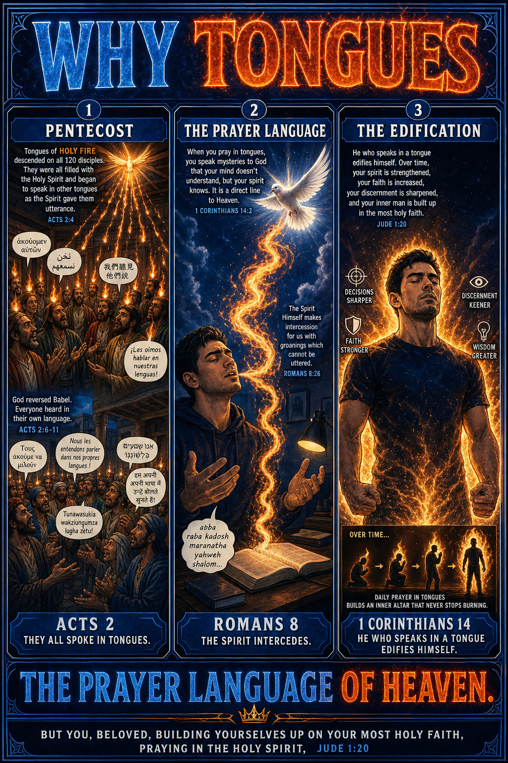 Three-panel cinematic biblical comic. Title bar: WHY TONGUES. 1. PENTECOST — the upper-room scene with tongues of HOLY FIRE descending onto the 120 disciples; each head crowned with a personal flame; multilingual crowds outside hearing them in their own tongues; ACTS 2 banner. 2. THE PRAYER LANGUAGE — a modern believer in quiet prayer, eyes closed, mouth moving with words he doesn't understand intellectually; holy fire streams up from his prayer language as a direct line to heaven; Holy Spirit dove descends; ROMANS 8 banner. 3. THE EDIFICATION — over time, the believer who prays in tongues daily is visibly strengthened; a halo of holy fire builds around him; his decisions sharper, faith stronger, discernment keener; 1 CORINTHIANS 14 banner. Footer bar: THE PRAYER LANGUAGE OF HEAVEN.