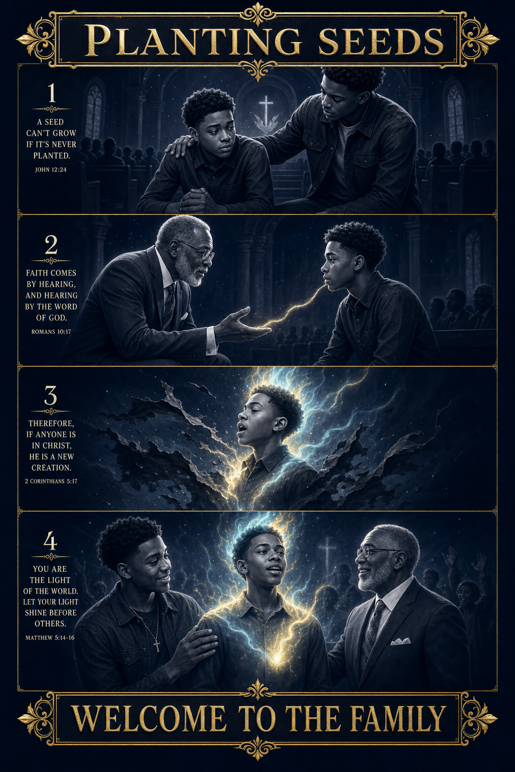 Cinematic biblical comic in deep royal-navy and holy-white linework, sacred pale-gold and cyan ethereal glow (never orange flame). Four vertical panels. 1. THE FRONT ROW: a fifteen-year-old boy sits at the front of a dark sanctuary, guarded and unsure; his older brother's hand rests on his shoulder; banner BROUGHT TO THE FRONT. 2. THE HONEST DOOR: a distinguished older Black apostolic preacher in a suit kneels to the boy's eye level, one hand open, telling his own story; a thin thread of pale-gold light begins to pass between them; banner IF HE'S REAL, HE'LL SHOW YOU. 3. THE CHOICE: the boy opens his mouth to speak; the darkness clinging to him tears away like torn cloth; the pale-gold-and-cyan fire settles on his head; banner ALL YOU GOTTA DO IS SAY IT. 4. THE FAMILY: the boy stands up new, a small flame of his own resting on him, his brother beside him, the apostle smiling; banner WELCOME TO THE FAMILY.