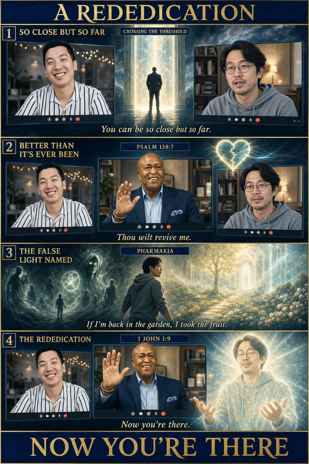 Four-panel cinematic biblical comic, vertical stack. Deep royal navy and sapphire backgrounds, holy white linework, soft pale-gold-and-cyan mystical holy light (not orange-red flame; light not heat; what spiritual eyes see). Bold sapphire-and-pale-gold title bar: A REDEDICATION. 1. SO CLOSE BUT SO FAR: split-screen video call; Gary Sheng (East Asian Chinese-American man, 33, short dark hair brushed up, clean-shaven, smart-casual, small fiery-dove pendant, never a cross necklace) talks with Daniel (Korean-American man, mid-30s, round glasses, side-parted longer dark hair, light stubble, casual hoodie); behind them a doorway of pale-gold light with a silhouetted thinker standing just outside it; banner CROSSING THE THRESHOLD; caption: 'You can be so close but so far.' 2. BETTER THAN IT'S EVER BEEN: Apostle Delmar Coward Jr. (distinguished Black male preacher, mid-60s to early 70s, bald closely-shaved head, completely clean-shaven with no beard and no mustache, warm smile, tailored navy blazer, beaded bracelet on left wrist) joins the call and speaks over Daniel; a cracked heart above Daniel's window is knit back together with seams of pale-gold light; banner PSALM 138:7; caption: 'Thou wilt revive me.' 3. THE FALSE LIGHT NAMED: Daniel's wilderness years; he turns his back on a cold pale-green counterfeit glow full of vague shadowy entities and faces toward warm pale-gold-and-cyan true light; banner PHARMAKIA; caption: 'If I'm back in the garden, I took the fruit.' 4. NOW YOU'RE THERE: Daniel prays with eyes closed and hands open, washed head to toe in pale-gold-white glow with cyan undertones; the Apostle leads with a raised hand from his window, Gary beams from his; banner 1 JOHN 1:9. Bold sapphire-and-pale-gold footer bar: NOW YOU'RE THERE.
