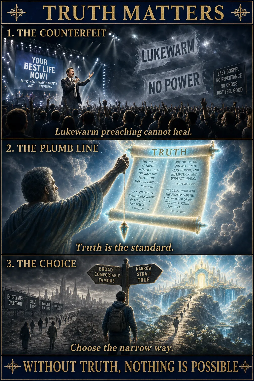 Three-panel cinematic biblical comic. Title bar: TRUTH MATTERS. 1. THE COUNTERFEIT. 2. THE PLUMB LINE. 3. THE CHOICE. Footer bar: WITHOUT TRUTH, NOTHING IS POSSIBLE.