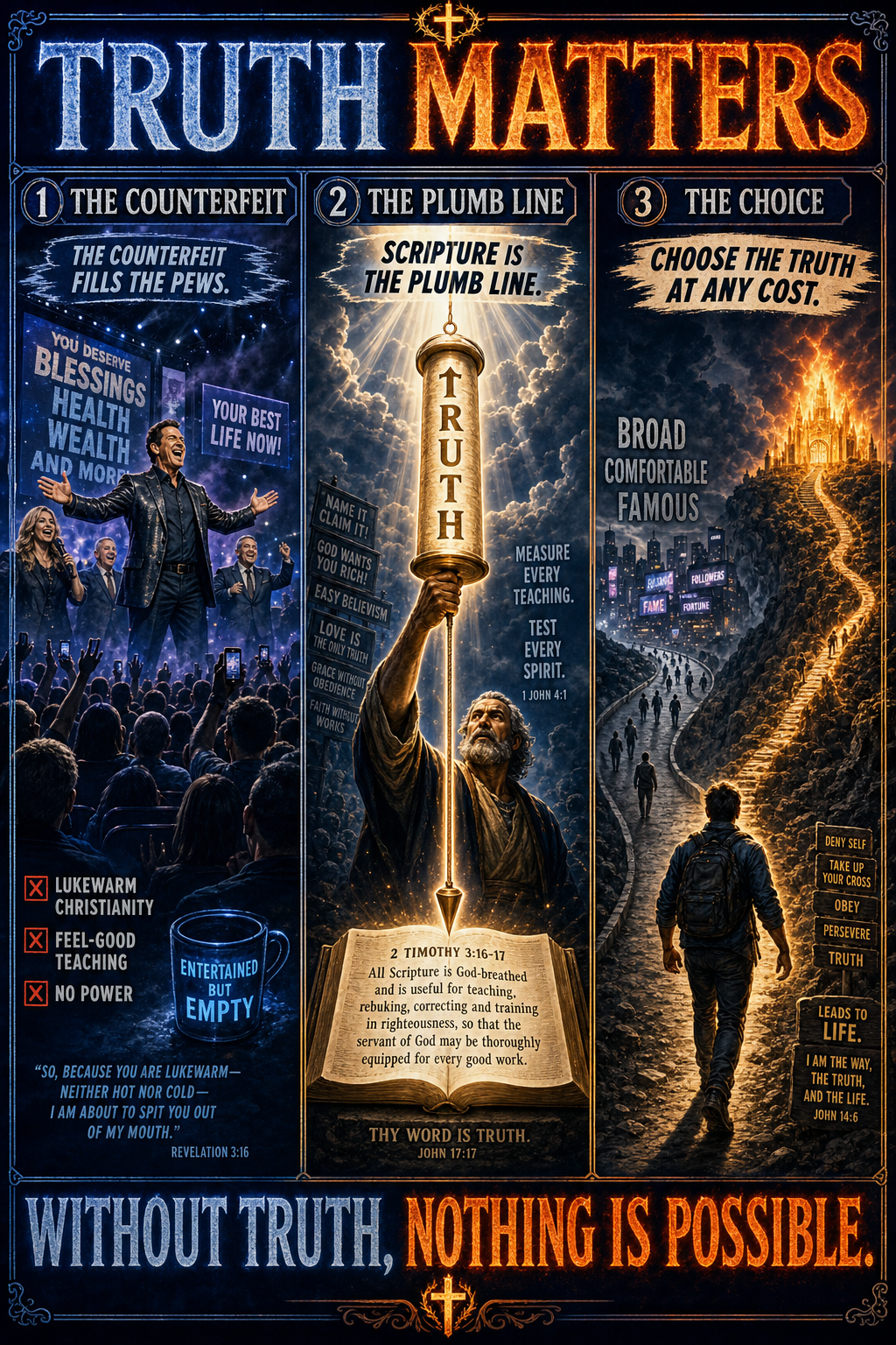 Three-panel cinematic biblical comic. Title bar: TRUTH MATTERS. 1. THE COUNTERFEIT — a megachurch crowd lit by stage lights and smoke; prosperity preachers selling watered-down gospel; signs LUKEWARM, FEEL-GOOD TEACHING, NO POWER. 2. THE PLUMB LINE — a glowing scroll of TRUTH descending from heaven, opened to scripture glowing white-hot; an apostle holds it up like a plumb line, light cutting through smoke. 3. THE CHOICE — a believer at a fork; left BROAD COMFORTABLE FAMOUS leads to grey, right NARROW STRAIT TRUE leads to a glowing kingdom of holy fire. Footer bar: WITHOUT TRUTH, NOTHING IS POSSIBLE.