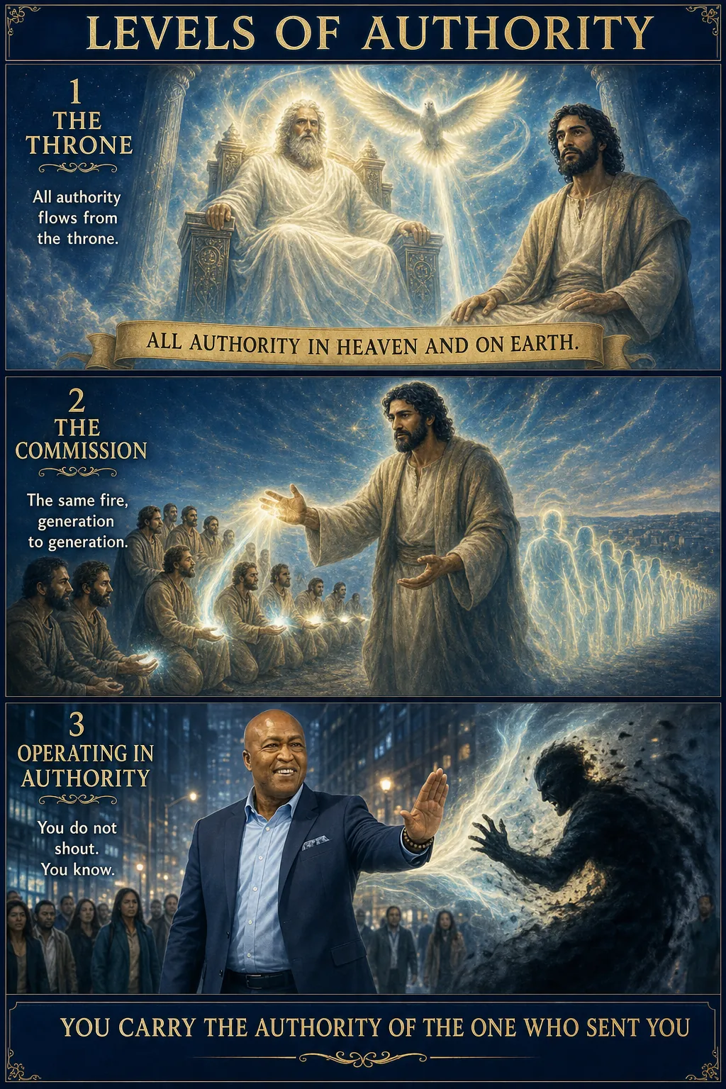 Three-panel cinematic biblical comic. Title bar: LEVELS OF AUTHORITY. 1. THE THRONE: vision of the Heavenly Throne: God seated in unapproachable light, Christ at the right hand, the Holy Spirit as descending fire-dove; ALL AUTHORITY IN HEAVEN AND ON EARTH. 2. THE COMMISSION: Christ delegating authority to his disciples; a beam of holy fire flowing from Christ's hand to the disciples, who pass it forward; apostolic LINEAGE of generations carrying the same fire forward. 3. OPERATING IN AUTHORITY: a modern believer (older distinguished Black male preacher figure) ministers in the street, speaking to a demonic situation with quiet certainty; the demonic shadow flees instantly; he did not shout, he KNEW. Footer bar: YOU CARRY THE AUTHORITY OF THE ONE WHO SENT YOU.
