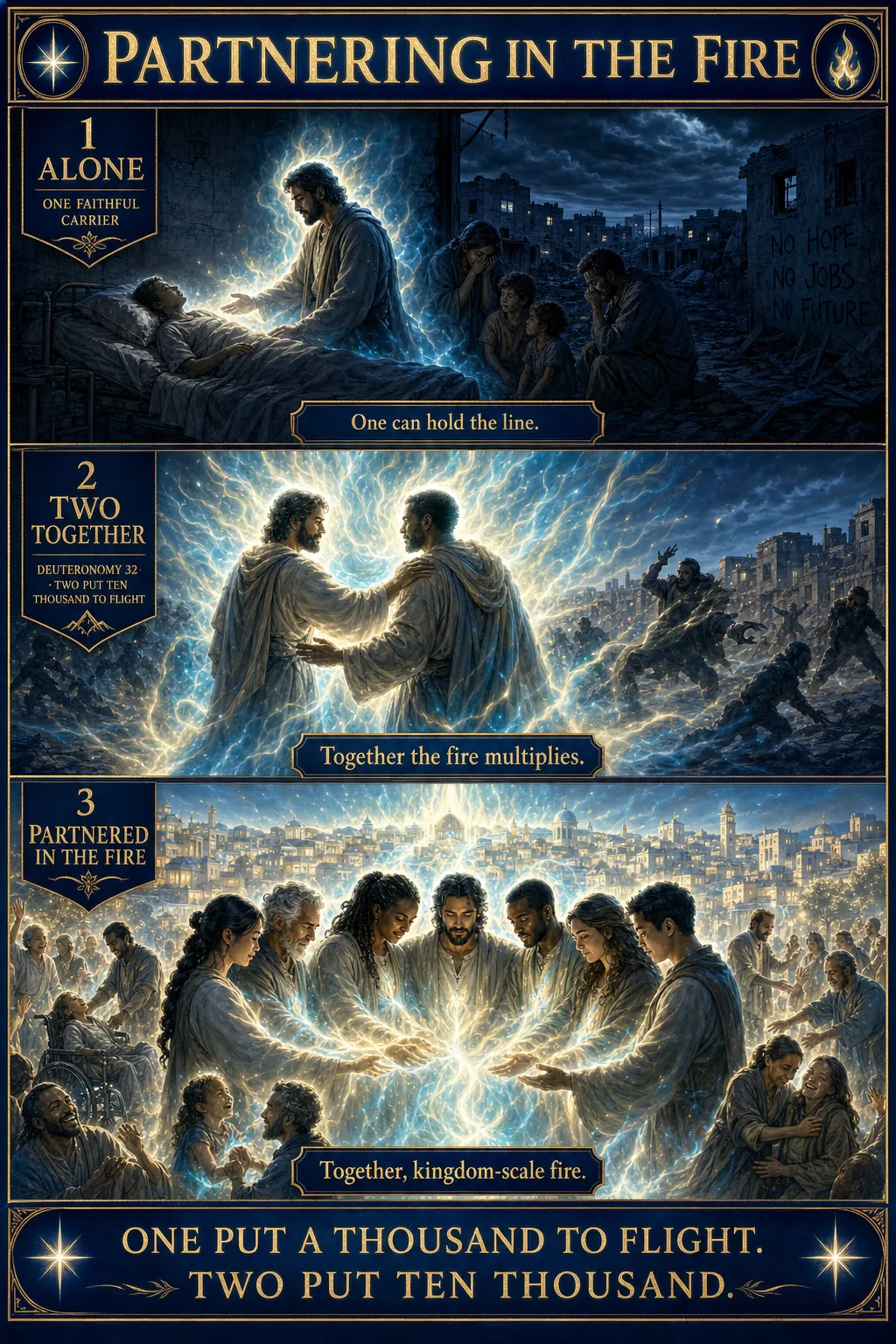 Three-panel cinematic biblical comic. Title bar: PARTNERING IN THE FIRE. 1. ALONE: a single believer stands ministering to a desperate situation (illness, oppression, brokenness); his fire is steady but the need is overwhelming; ONE FAITHFUL CARRIER banner. 2. TWO TOGETHER: a second believer arrives shoulder to shoulder; two flames merge into a single brighter fire; combined glow expands tenfold; DEUTERONOMY 32 ยท TWO PUT TEN THOUSAND TO FLIGHT. 3. PARTNERED IN THE FIRE: a circle of 5-7 fire-carriers in covenant partnership ministers to a community; healings, deliverances, breakthroughs cascade; the holy fire reaches kingdom-scale, illuminating an entire town. Footer bar: ONE PUT A THOUSAND TO FLIGHT. TWO PUT TEN THOUSAND.