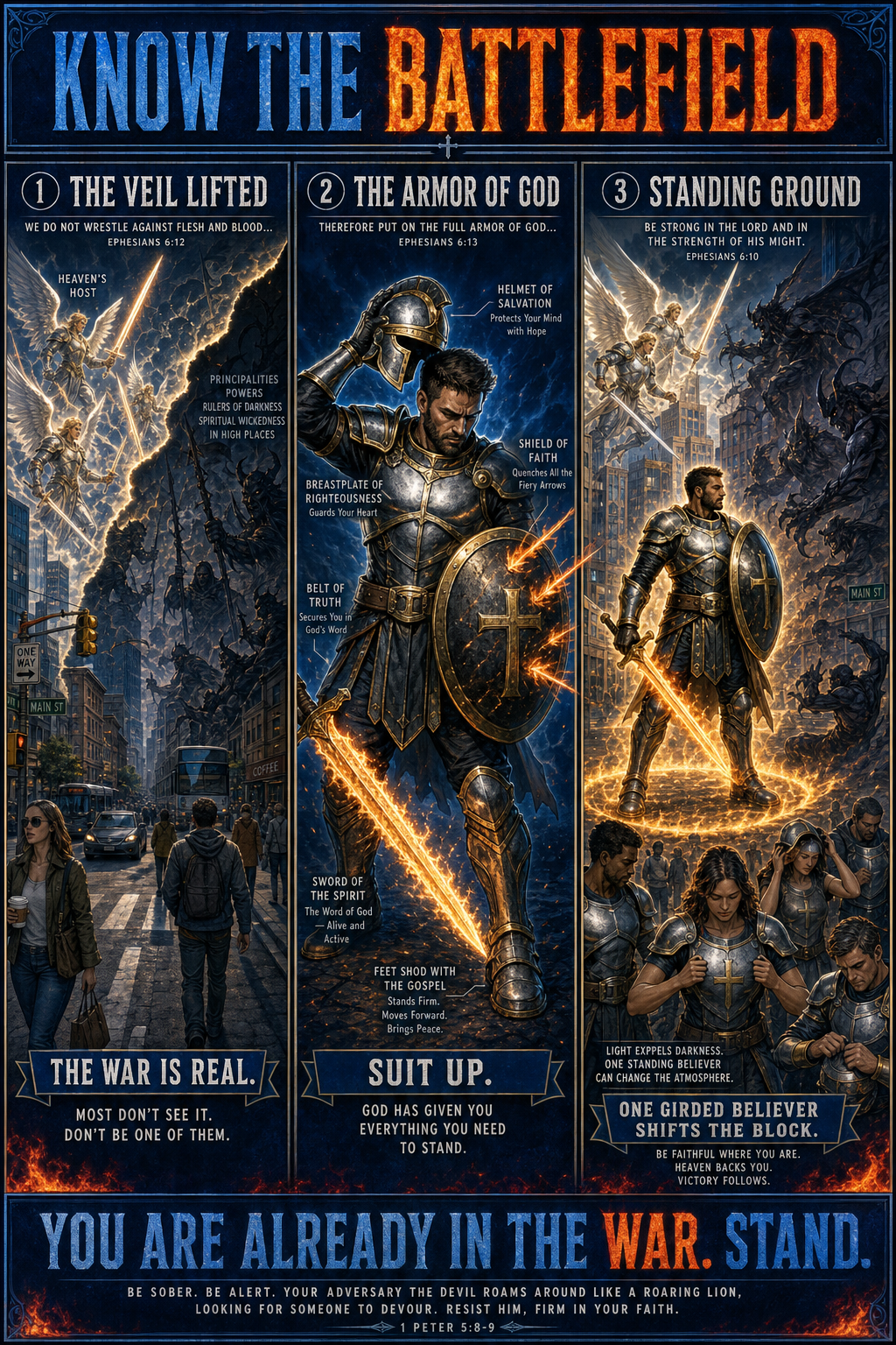 Three-panel cinematic biblical comic. Title bar: KNOW THE BATTLEFIELD. 1. THE VEIL LIFTED — a normal city street with the veil half-lifted to reveal the spiritual dimension: angelic warriors with white-fire swords clashing with shadow principalities; ordinary humans oblivious below. 2. THE ARMOR OF GOD — a single believer puts on the visible Ephesians 6 armor: helmet of salvation, breastplate of righteousness, belt of truth, shield of faith deflecting arrows, sword of the Spirit aflame. 3. STANDING GROUND — the suited believer stands in a circle of holy fire, demonic shadows pushed back, angels assembling; other believers start putting on their armor too. Footer bar: YOU ARE ALREADY IN THE WAR. STAND.