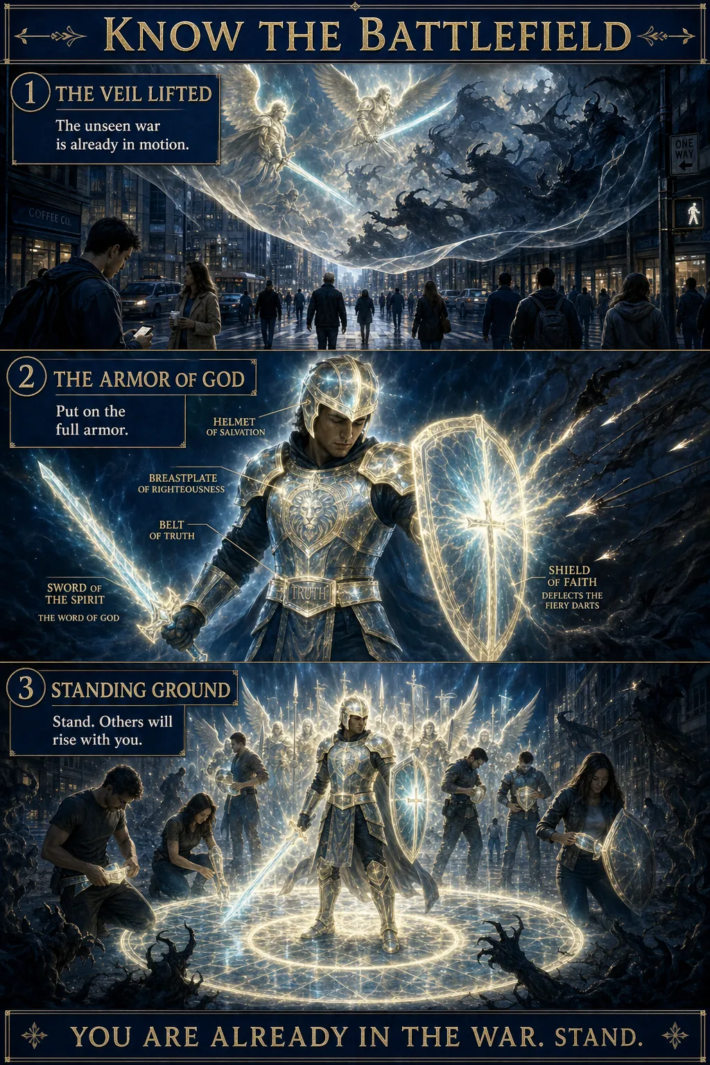 Three-panel cinematic biblical comic. Title bar: KNOW THE BATTLEFIELD. 1. THE VEIL LIFTED: a normal city street with the veil half-lifted to reveal the spiritual dimension: angelic warriors with white-fire swords clashing with shadow principalities; ordinary humans oblivious below. 2. THE ARMOR OF GOD: a single believer puts on the visible Ephesians 6 armor: helmet of salvation, breastplate of righteousness, belt of truth, shield of faith deflecting arrows, sword of the Spirit aflame. 3. STANDING GROUND: the suited believer stands in a circle of holy fire, demonic shadows pushed back, angels assembling; other believers start putting on their armor too. Footer bar: YOU ARE ALREADY IN THE WAR. STAND.
