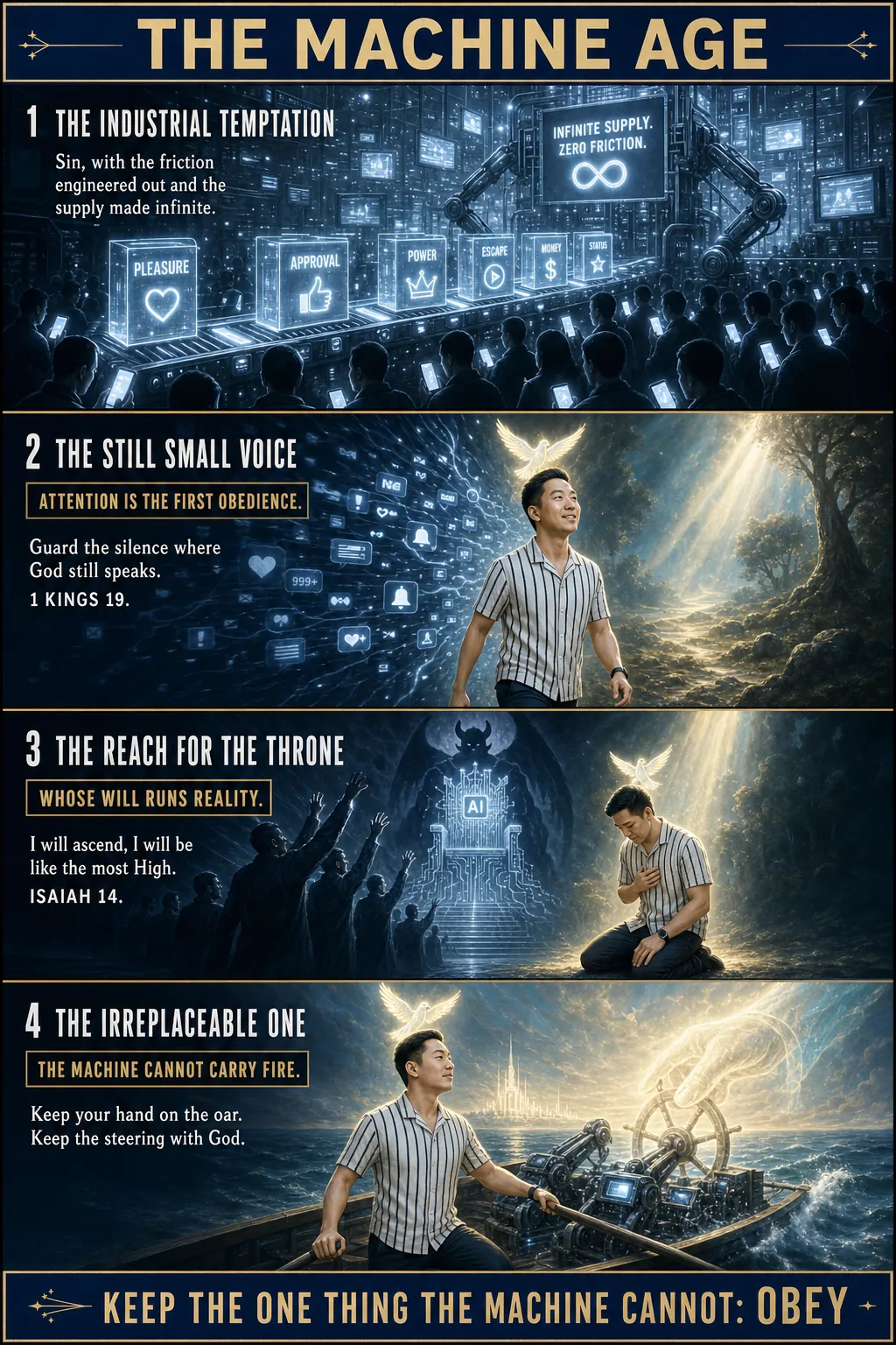 Four-panel cinematic biblical comic. Title bar: THE MACHINE AGE. 1. THE INDUSTRIAL TEMPTATION: a cold blue machine mass-produces sin as frictionless products (pleasure, approval, power, escape, money, status) while a phone-lit crowd stands hypnotized; INFINITE SUPPLY, ZERO FRICTION. 2. THE STILL SMALL VOICE: a believer steps out of a storm of notifications into warm holy light, a dove of holy fire above him; ATTENTION IS THE FIRST OBEDIENCE. 3. THE REACH FOR THE THRONE: shadowy figures grasp at an AI throne of circuitry under a Lucifer shadow while the believer kneels surrendered in the light; WHOSE WILL RUNS REALITY. 4. THE IRREPLACEABLE ONE: the believer holds a single oar as a machine rows and the luminous hand of God holds the wheel; THE MACHINE CANNOT CARRY FIRE. Footer bar: KEEP THE ONE THING THE MACHINE CANNOT: OBEY.