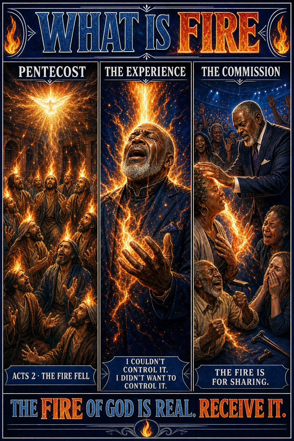 Three-panel cinematic biblical comic. Title bar: WHAT IS FIRE. 1. PENTECOST — the upper room scene with tongues of holy fire descending onto the disciples' heads; each one blazing with a personal flame; ACTS 2 · THE FIRE FELL banner. 2. THE EXPERIENCE — close-up of a believer (older distinguished Black male preacher figure, evoking Apostle Delmar) caught in the manifest presence of God, body quivering, hands lifted, fire pouring through him; I COULDN'T CONTROL IT banner. 3. THE COMMISSION — the same fire-baptized believer ministering: laying hands on the sick, fire transferring to them, healings visible. Footer bar: THE FIRE OF GOD IS REAL. RECEIVE IT.