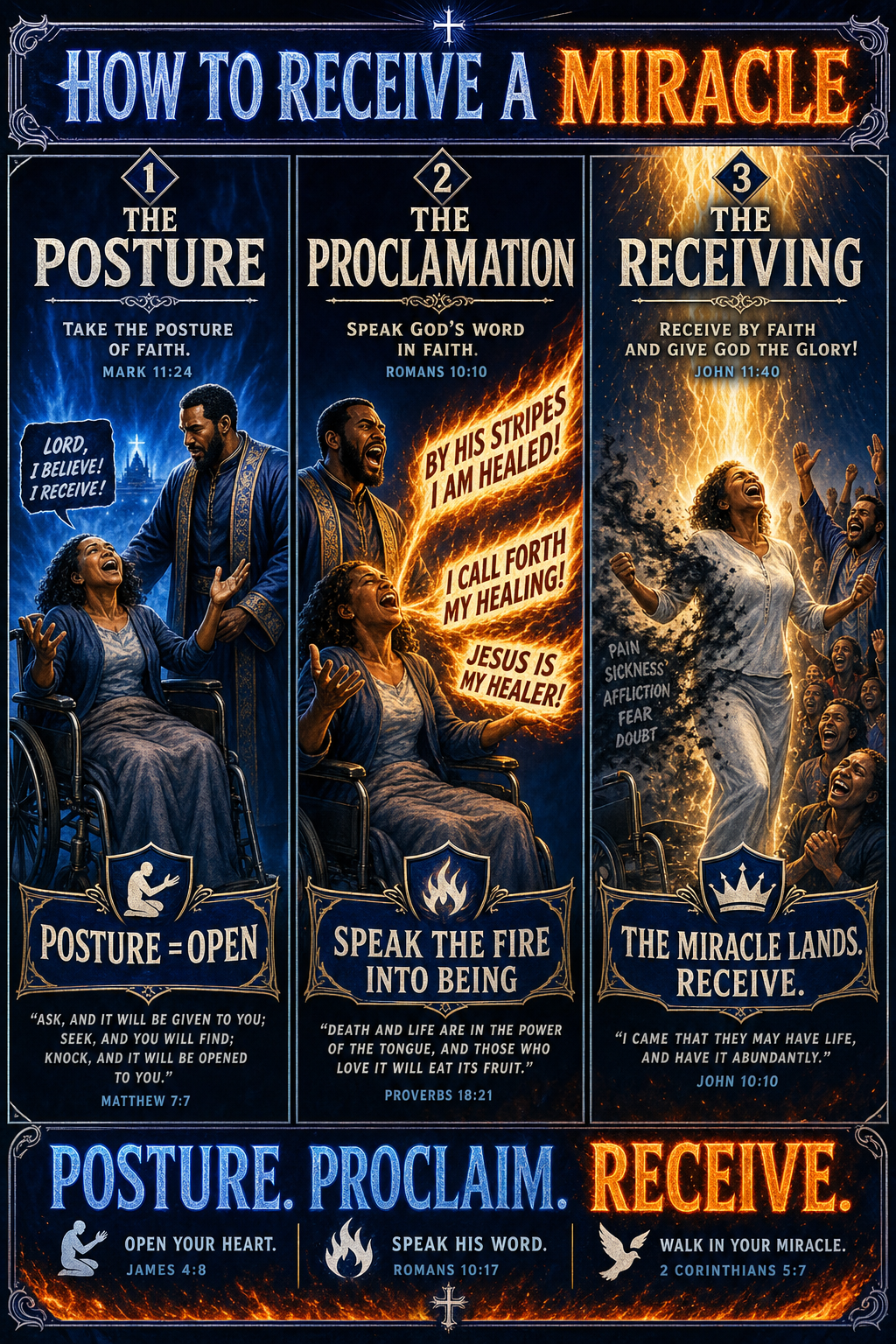 Three-panel cinematic biblical comic. Title bar: HOW TO RECEIVE A MIRACLE. 1. THE POSTURE — a sick believer in a wheelchair takes the posture of faith: eyes lifted, hands open and upward to receive, mouth open in proclamation; apostle figure anchoring beside them. 2. THE PROCLAMATION — visible faith declarations coming from their mouth as bright holy fire (BY HIS STRIPES I AM HEALED, I CALL FORTH MY HEALING, JESUS IS MY HEALER); the apostle joins. 3. THE RECEIVING — holy fire descends from heaven onto the believer, affliction visibly evaporating as shadow-mist; they rise from the chair, healed, weeping with joy; community erupts in praise. Footer bar: POSTURE. PROCLAIM. RECEIVE.