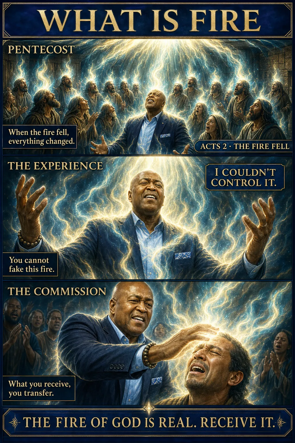 Three-panel cinematic biblical comic. Title bar: WHAT IS FIRE. 1. PENTECOST: the upper room scene with tongues of holy fire descending onto the disciples' heads; each one blazing with a personal flame; ACTS 2 ยท THE FIRE FELL banner. 2. THE EXPERIENCE: close-up of a believer (older distinguished Black male preacher figure, evoking Apostle Delmar) caught in the manifest presence of God, body quivering, hands lifted, fire pouring through him; I COULDN'T CONTROL IT banner. 3. THE COMMISSION: the same fire-baptized believer ministering: laying hands on the sick, fire transferring to them, healings visible. Footer bar: THE FIRE OF GOD IS REAL. RECEIVE IT.