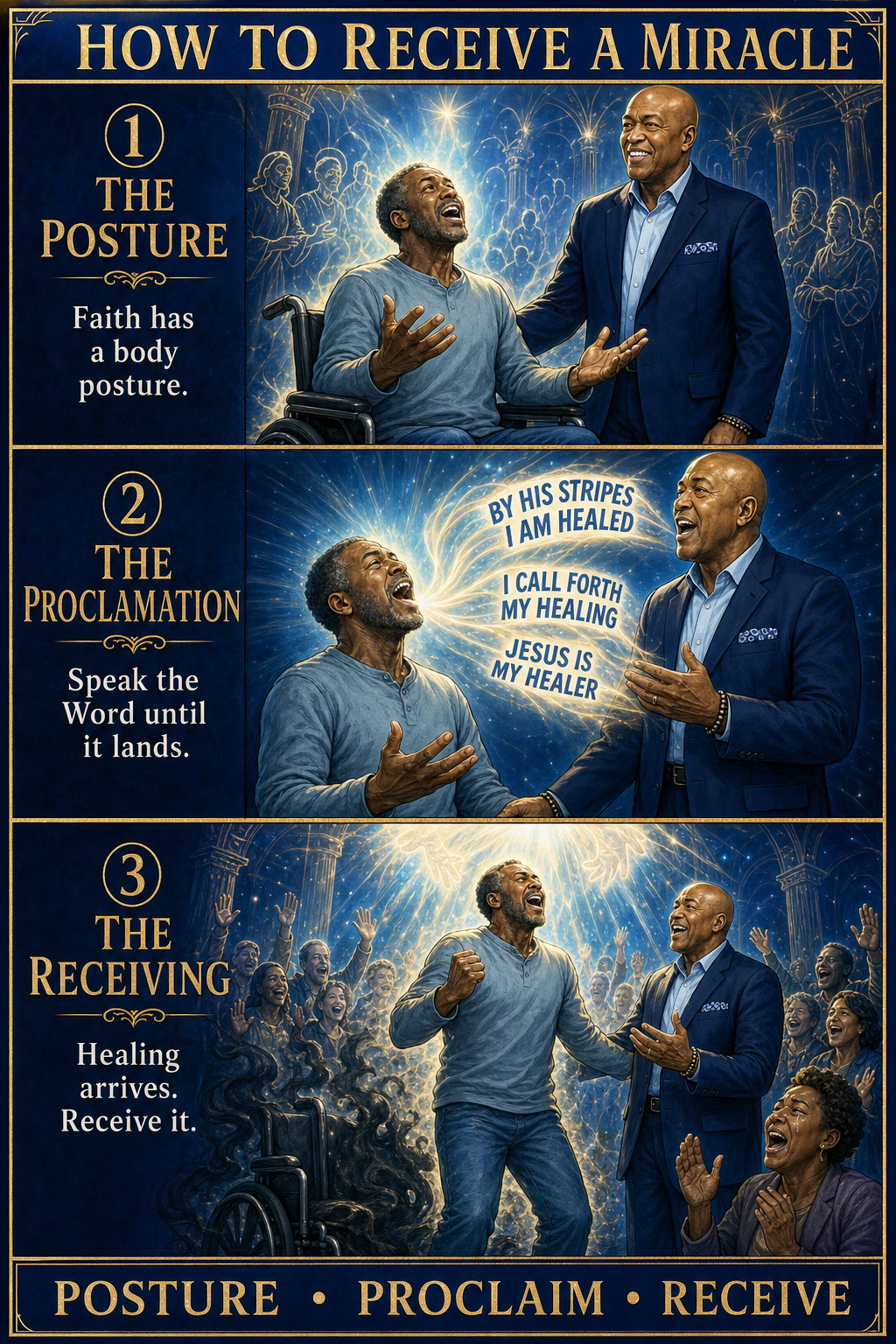 Three-panel cinematic biblical comic. Title bar: HOW TO RECEIVE A MIRACLE. 1. THE POSTURE: a believer takes the posture of faith, eyes lifted, hands open and upward to receive. 2. THE PROCLAMATION: faith declarations coming from their mouth as bright holy fire. 3. THE RECEIVING: holy fire descends, affliction evaporates, they rise healed. Footer bar: POSTURE. PROCLAIM. RECEIVE.