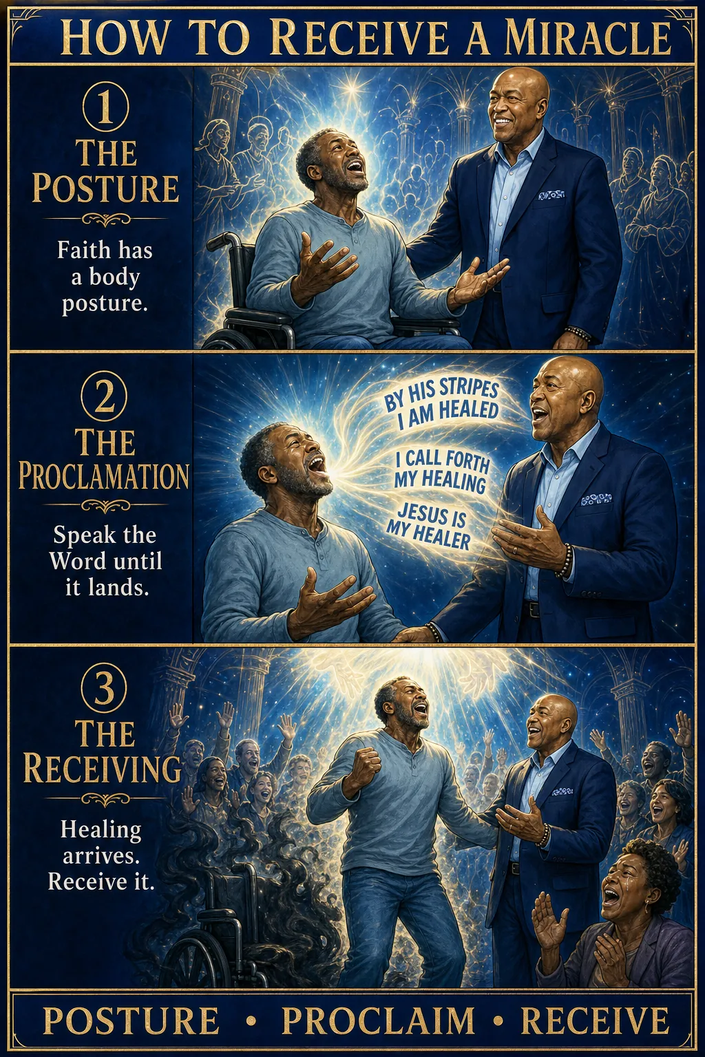Three-panel cinematic biblical comic. Title bar: HOW TO RECEIVE A MIRACLE. 1. THE POSTURE: a believer takes the posture of faith, eyes lifted, hands open and upward to receive. 2. THE PROCLAMATION: faith declarations coming from their mouth as bright holy fire. 3. THE RECEIVING: holy fire descends, affliction evaporates, they rise healed. Footer bar: POSTURE. PROCLAIM. RECEIVE.