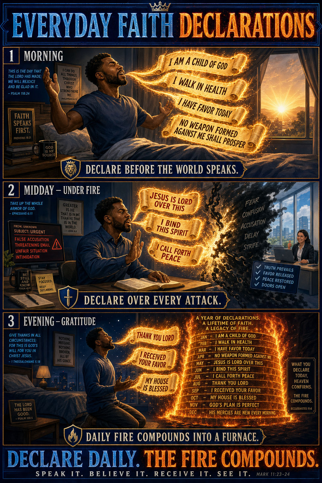 Three-panel cinematic biblical comic. Title bar: EVERYDAY FAITH DECLARATIONS. 1. MORNING — a believer at dawn, hands lifted, speaking the first declarations of the day; visible fire-words (I AM A CHILD OF GOD, I WALK IN HEALTH, I HAVE FAVOR TODAY, NO WEAPON SHALL PROSPER); golden morning light. 2. MIDDAY UNDER FIRE — the believer at work facing an attack; declares aloud (JESUS IS LORD OVER THIS, I BIND THIS SPIRIT, I CALL FORTH PEACE); situation visibly shifts. 3. EVENING GRATITUDE — kneeling, declaring thanksgiving (THANK YOU LORD, MY HOUSE IS BLESSED); a halo of compounding fire builds from a year of declarations. Footer bar: DECLARE DAILY. THE FIRE COMPOUNDS.
