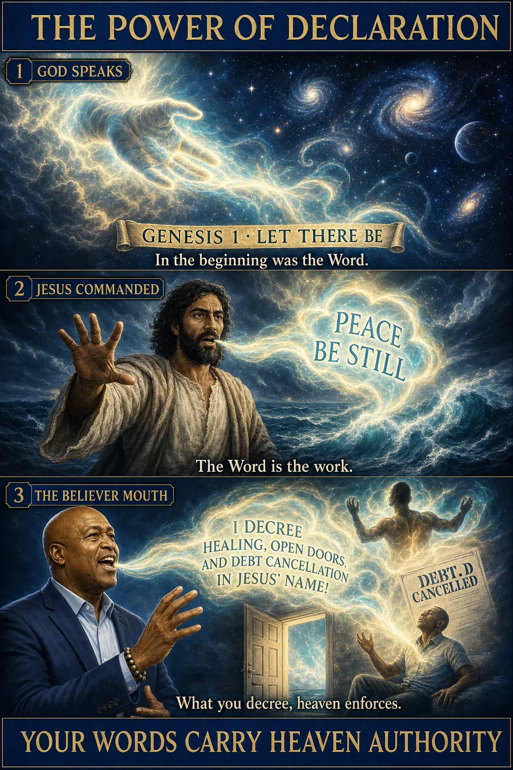 Three-panel cinematic biblical comic. Title bar: THE POWER OF DECLARATION. 1. GOD SPEAKS THE WORLD INTO BEING. 2. JESUS COMMANDED THE STORM. 3. THE BELIEVER'S MOUTH. Footer bar: YOUR WORDS CARRY HEAVEN'S AUTHORITY.