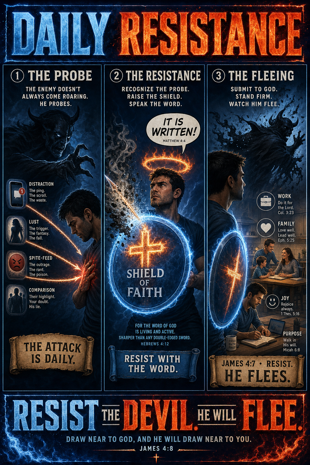 Three-panel cinematic biblical comic. Title bar: DAILY RESISTANCE. 1. THE PROBE — a shadowy figure probes a believer with a temptation arrow (a phone notification, lust trigger, spite-feed, poisonous comparison); the arrow heads toward the heart. 2. THE RESISTANCE — the believer lifts the SHIELD OF FAITH (glowing blue-white shield emblazoned with a cross of fire); the arrow deflected, disintegrating into smoke; the believer speaks IT IS WRITTEN; halo of fire above. 3. THE FLEEING — the demonic figure retreats; the believer's daily life continues protected. Footer bar: RESIST THE DEVIL. HE WILL FLEE.