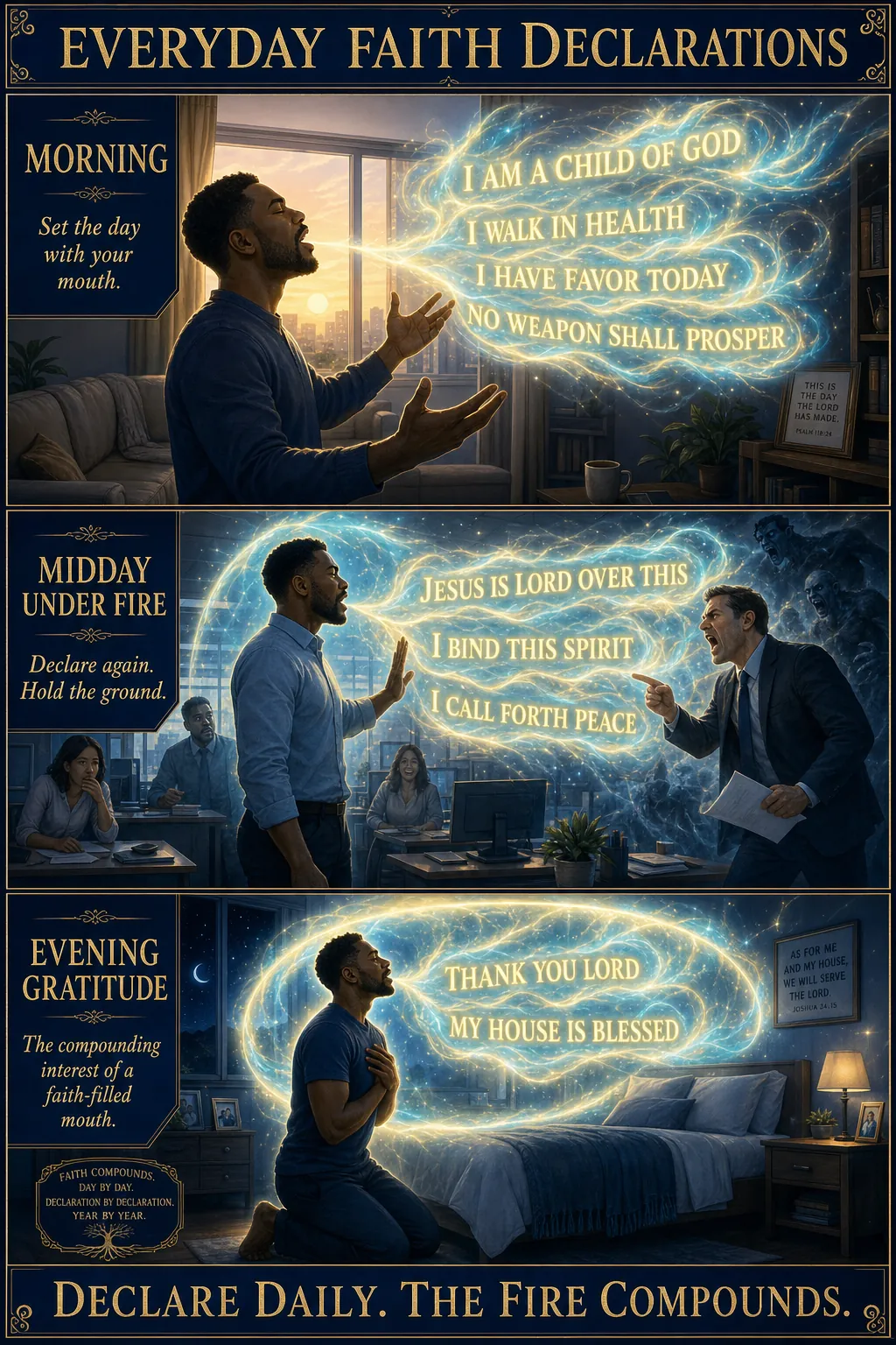 Three-panel cinematic biblical comic. Title bar: EVERYDAY FAITH DECLARATIONS. 1. MORNING: a believer at dawn, hands lifted, speaking the first declarations of the day; visible fire-words (I AM A CHILD OF GOD, I WALK IN HEALTH, I HAVE FAVOR TODAY, NO WEAPON SHALL PROSPER); golden morning light. 2. MIDDAY UNDER FIRE: the believer at work facing an attack; declares aloud (JESUS IS LORD OVER THIS, I BIND THIS SPIRIT, I CALL FORTH PEACE); situation visibly shifts. 3. EVENING GRATITUDE: kneeling, declaring thanksgiving (THANK YOU LORD, MY HOUSE IS BLESSED); a halo of compounding fire builds from a year of declarations. Footer bar: DECLARE DAILY. THE FIRE COMPOUNDS.