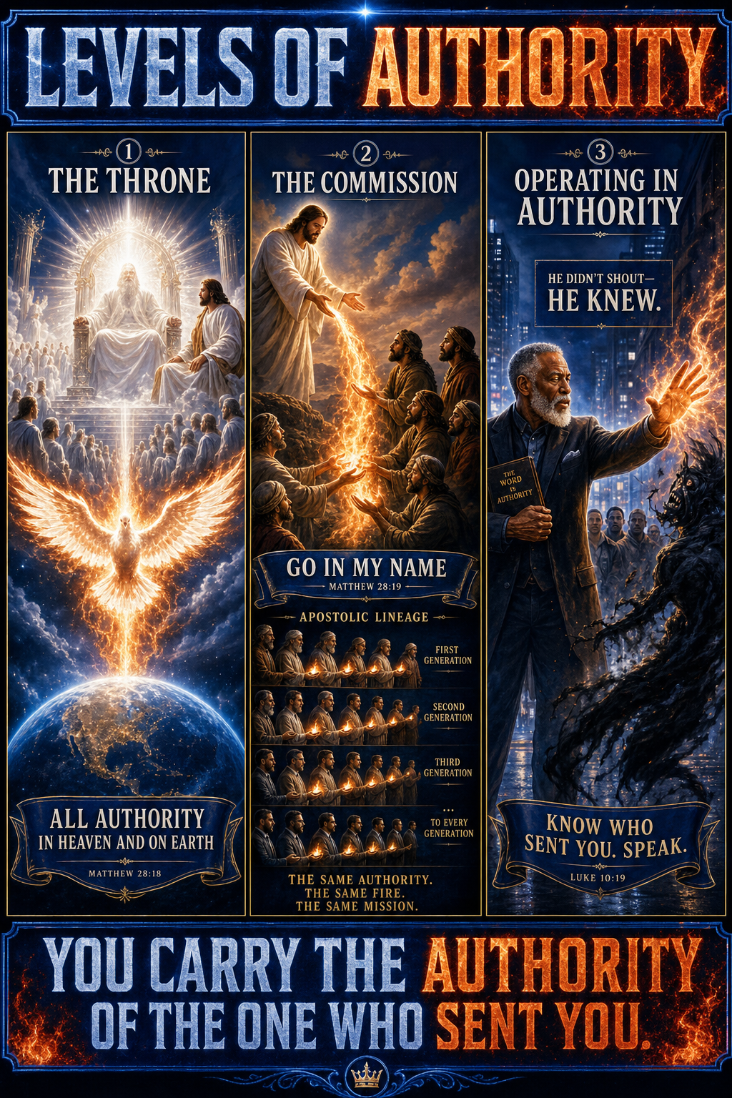 Three-panel cinematic biblical comic. Title bar: LEVELS OF AUTHORITY. 1. THE THRONE — vision of the Heavenly Throne: God seated in unapproachable light, Christ at the right hand, the Holy Spirit as descending fire-dove; ALL AUTHORITY IN HEAVEN AND ON EARTH. 2. THE COMMISSION — Christ delegating authority to his disciples; a beam of holy fire flowing from Christ's hand to the disciples, who pass it forward; apostolic LINEAGE of generations carrying the same fire forward. 3. OPERATING IN AUTHORITY — a modern believer (older distinguished Black male preacher figure) ministers in the street, speaking to a demonic situation with quiet certainty; the demonic shadow flees instantly; he didn't shout — he KNEW. Footer bar: YOU CARRY THE AUTHORITY OF THE ONE WHO SENT YOU.