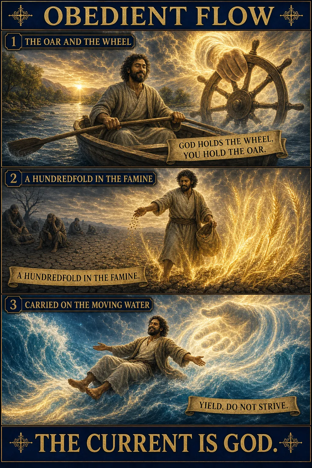 Three-panel cinematic biblical comic. Title bar: OBEDIENT FLOW. 1. THE OAR AND THE WHEEL: a believer at peace in a rowboat holding a single oar while a radiant hand of God steers the ship's wheel; banner GOD HOLDS THE WHEEL, YOU HOLD THE OAR. 2. A HUNDREDFOLD IN THE FAMINE: a man sowing seed in cracked drought ground beside despairing figures as a supernatural golden harvest erupts from the dry earth. 3. CARRIED ON THE MOVING WATER: the believer carried effortlessly on a surge of luminous water God is moving, arms relaxed and unstrained; banner YIELD, DO NOT STRIVE. Footer bar: THE CURRENT IS GOD.