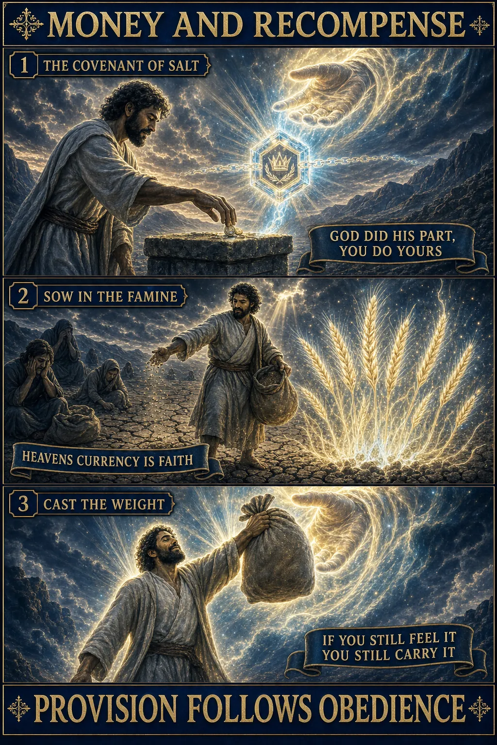 Three-panel cinematic biblical comic. Title bar: MONEY AND RECOMPENSE. 1. THE COVENANT OF SALT: a believer drops a tithe into an altar as a golden covenant seal of salt glows unbreakable between his open hand and the hand of God; banner GOD DID HIS PART, YOU DO YOURS. 2. SOW IN THE FAMINE: a man scatters seed into cracked drought ground while others clutch empty sacks, and a supernatural hundredfold harvest of gold erupts from the dust in the same season; banner HEAVEN'S CURRENCY IS FAITH. 3. CAST THE WEIGHT: a believer hands a heavy sack of care up into a radiant hand and stands upright and unburdened, working with light shoulders; banner IF YOU STILL FEEL IT, YOU STILL CARRY IT. Footer bar: PROVISION FOLLOWS OBEDIENCE.