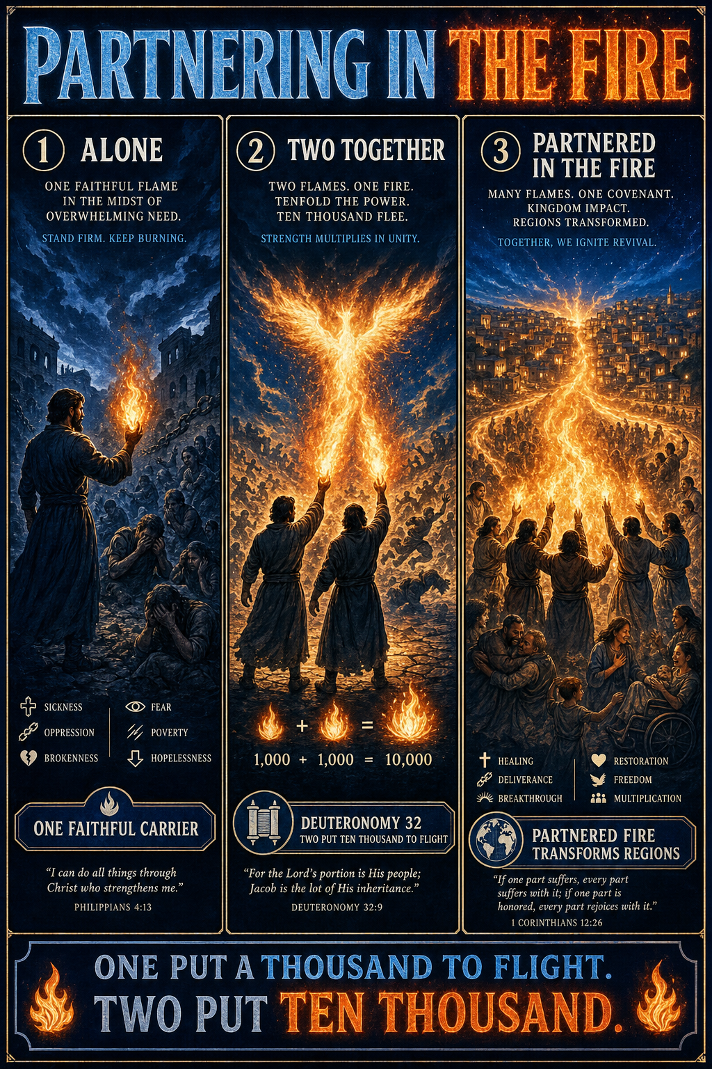 Three-panel cinematic biblical comic. Title bar: PARTNERING IN THE FIRE. 1. ALONE — a single believer stands ministering to a desperate situation (illness, oppression, brokenness); his fire is steady but the need is overwhelming; ONE FAITHFUL CARRIER banner. 2. TWO TOGETHER — a second believer arrives shoulder to shoulder; two flames merge into a single brighter fire; combined glow expands tenfold; DEUTERONOMY 32 · TWO PUT TEN THOUSAND TO FLIGHT. 3. PARTNERED IN THE FIRE — a circle of 5-7 fire-carriers in covenant partnership ministers to a community; healings, deliverances, breakthroughs cascade; the holy fire reaches kingdom-scale, illuminating an entire town. Footer bar: ONE PUT A THOUSAND TO FLIGHT. TWO PUT TEN THOUSAND.