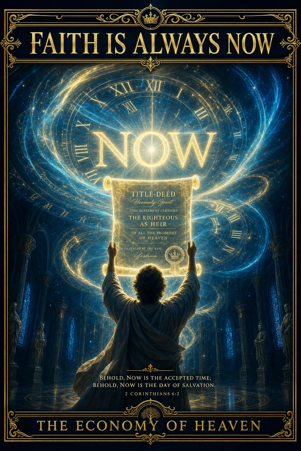 Cinematic biblical concept poster on a deep royal-navy #0F172A background, holy-white linework, portrait vertical stack of three panels. Sacred fire rendered only as pale-gold-and-white light with a cool cyan inner glow, translucent and aurora-like, never orange-red, awe not danger. Panel 1: a believer standing upright in the present moment, a luminous clock behind them with its hands dissolving into pale-gold light, the words THE ETERNAL NOW glowing softly. Panel 2: a hand holding a shining title deed of holy light, cyan-edged, as gold coins turn to radiant flame, banner reading FAITH IS THE ECONOMY OF HEAVEN. Panel 3: the same believer sleeping in perfect peace beside a bright river of light, the current glowing pale-gold and cyan, banner reading LIVE IN THE PRESENCE OF THE RIVER. Slim sapphire title bar with pale-gold lettering reading FAITH IS ALWAYS NOW.