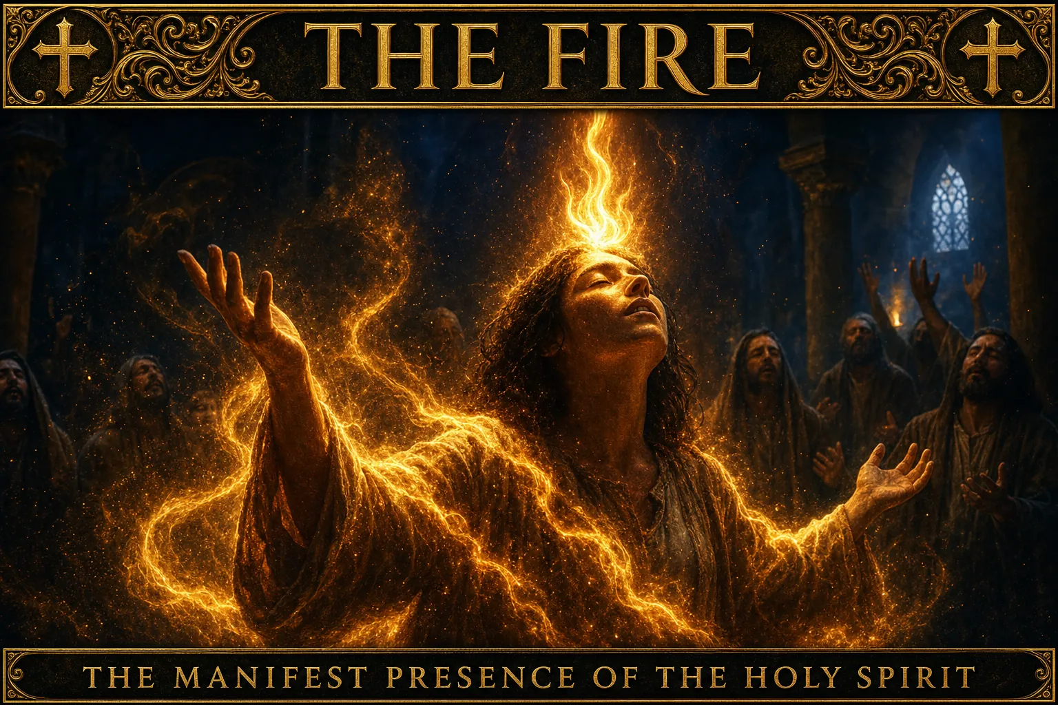 Cinematic biblical concept poster, deep midnight-blue and gold palette with holy-fire orange glow. Ornate gold title bar with cross flourishes reading THE FIRE. A surrendered believer with hands lifted and eyes closed in a dark sanctuary, a cloven tongue of living holy fire resting on their head as at Pentecost (Acts 2), golden refiner's fire wrapping around them and burning away shadow like gold being purified. Gold footer bar: THE MANIFEST PRESENCE OF THE HOLY SPIRIT.