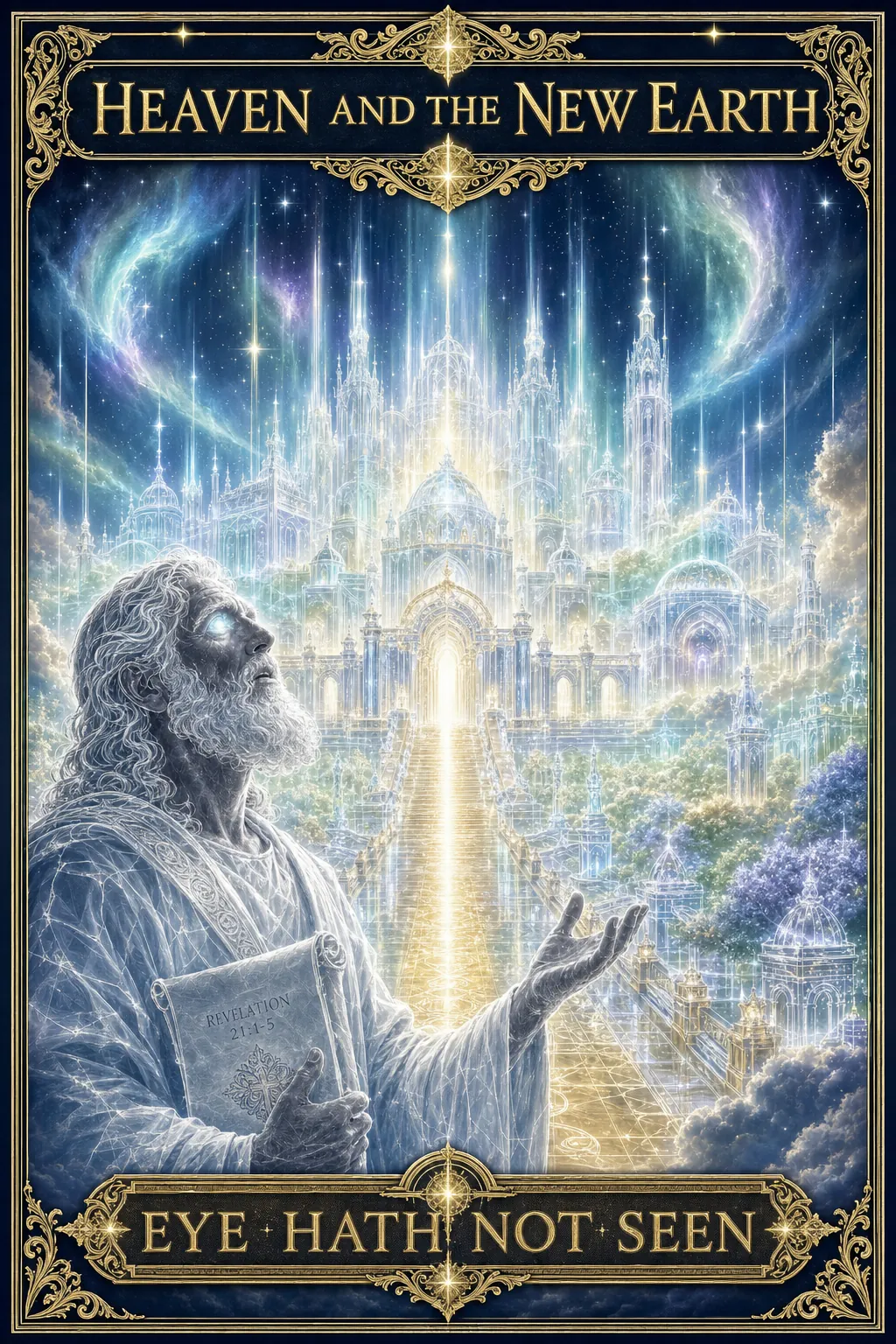 Cinematic biblical concept poster on a deep royal-navy #0F172A background, holy-white linework, portrait vertical stack of three panels. Sacred fire rendered only as colorless pure light, translucent ethers, pale-gold-and-white with a cool cyan inner glow, never orange-red, awe not danger. Panel 1: the throne room of Revelation 4, a figure on a throne of translucent light with a rainbow of soft greens, blues and purples around it, jasper and sardine-stone gleam, banner reading LIGHT WITHOUT COLOR. Panel 2: streets of radiant gold under a sky of pale-gold and cyan glow, no sea, luminous, banner reading STREETS OF GOLD. Panel 3: a renewed earth with animals, trees, and food, a restored garden bathed in soft holy light, a redeemed man and woman walking it, banner reading A NEW EARTH, REAL AND RESTORED. Slim sapphire title bar with pale-gold lettering reading HEAVEN AND THE NEW EARTH.