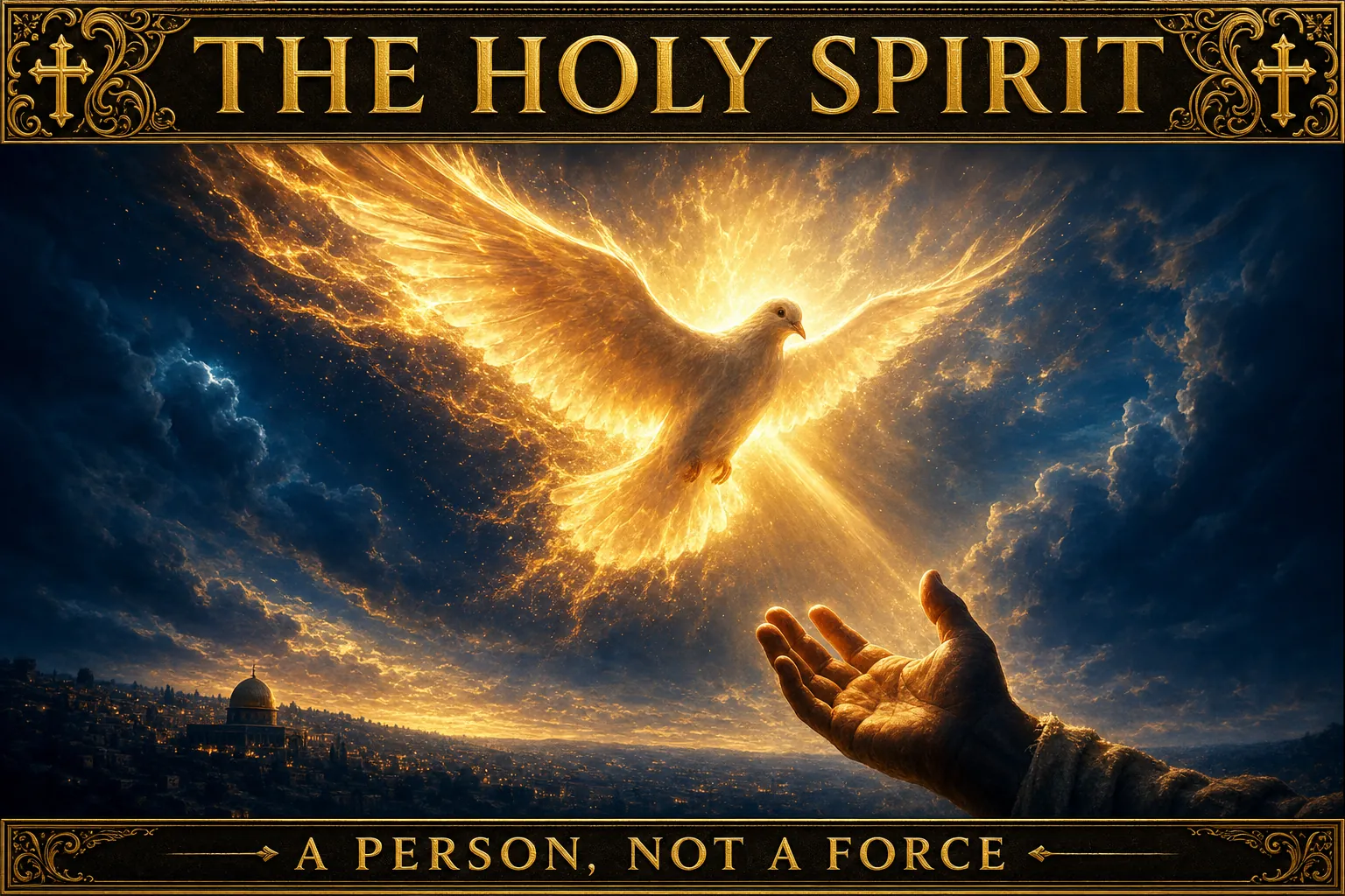 Cinematic biblical concept poster, deep midnight-blue and gold palette with holy-fire orange glow. Ornate gold title bar with cross flourishes reading THE HOLY SPIRIT. The Holy Spirit shown as a radiant descending dove of living light and holy fire, personal and near, its warm golden light reaching toward an upreached human hand; a sense of a Person present with mind and will, not an impersonal force; deep blue heavens opening with warm gold. Gold footer bar: A PERSON, NOT A FORCE.