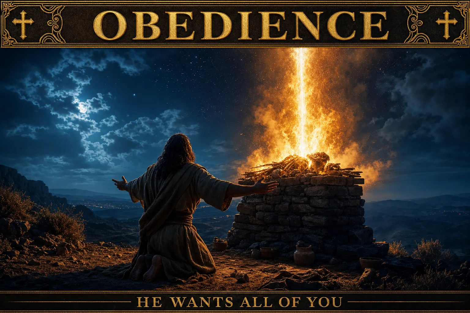 Cinematic biblical concept poster, deep midnight-blue and gold palette with holy-fire orange glow. Ornate gold title bar with cross flourishes reading OBEDIENCE. A believer kneeling in complete surrender at a simple stone altar in the dark, laying their whole life down with open hands, and holy fire falling from heaven onto the altar in answer, like Elijah's altar, consuming everything offered; total surrender met by holy fire; deep blue and gold. Gold footer bar: HE WANTS ALL OF YOU.