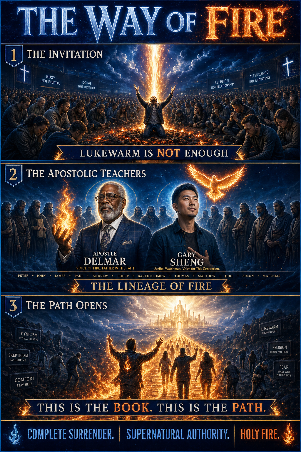 Three-panel cinematic biblical comic. Title bar: THE WAY OF FIRE. 1. THE INVITATION — a vast crowd of weary modern believers gathered around lukewarm coals; a single beam of holy white-and-orange fire descends from heaven onto a man with hands lifted. 2. THE APOSTOLIC TEACHERS — Apostle Delmar and Gary Sheng standing side by side at the front of a sanctuary, generals-of-faith silhouettes behind them in the lineage of fire. 3. THE PATH OPENS — a path of holy fire to a glowing kingdom; ordinary believers stepping onto it, igniting with supernatural anointing. Footer bar: COMPLETE SURRENDER. SUPERNATURAL AUTHORITY. HOLY FIRE.