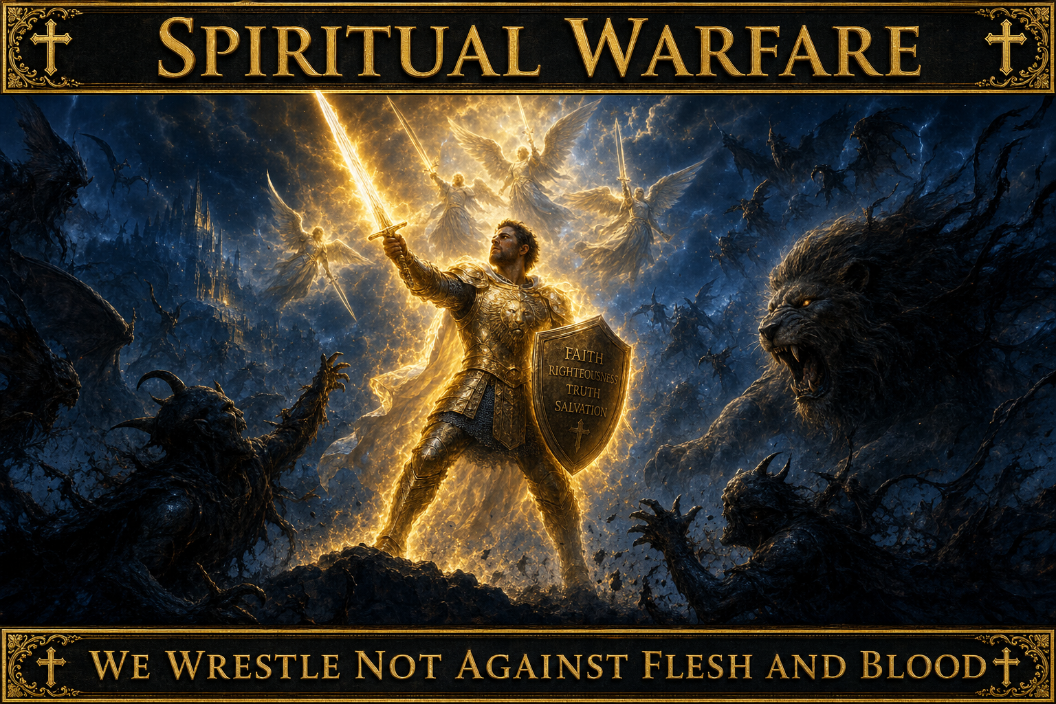 Cinematic biblical concept poster, deep midnight-blue and gold palette with holy-fire orange glow. Ornate gold title bar with cross flourishes reading SPIRITUAL WARFARE. A believer standing firm in the full armor of God made of holy light and fire, raising the shining sword of the Spirit, unshaken, while cold dark principalities and a shadowy roaring-lion adversary recoil and flee from the holy fire; a deep-blue battlefield of the heavens, gold light breaking the darkness (Ephesians 6). Gold footer bar: WE WRESTLE NOT AGAINST FLESH AND BLOOD.