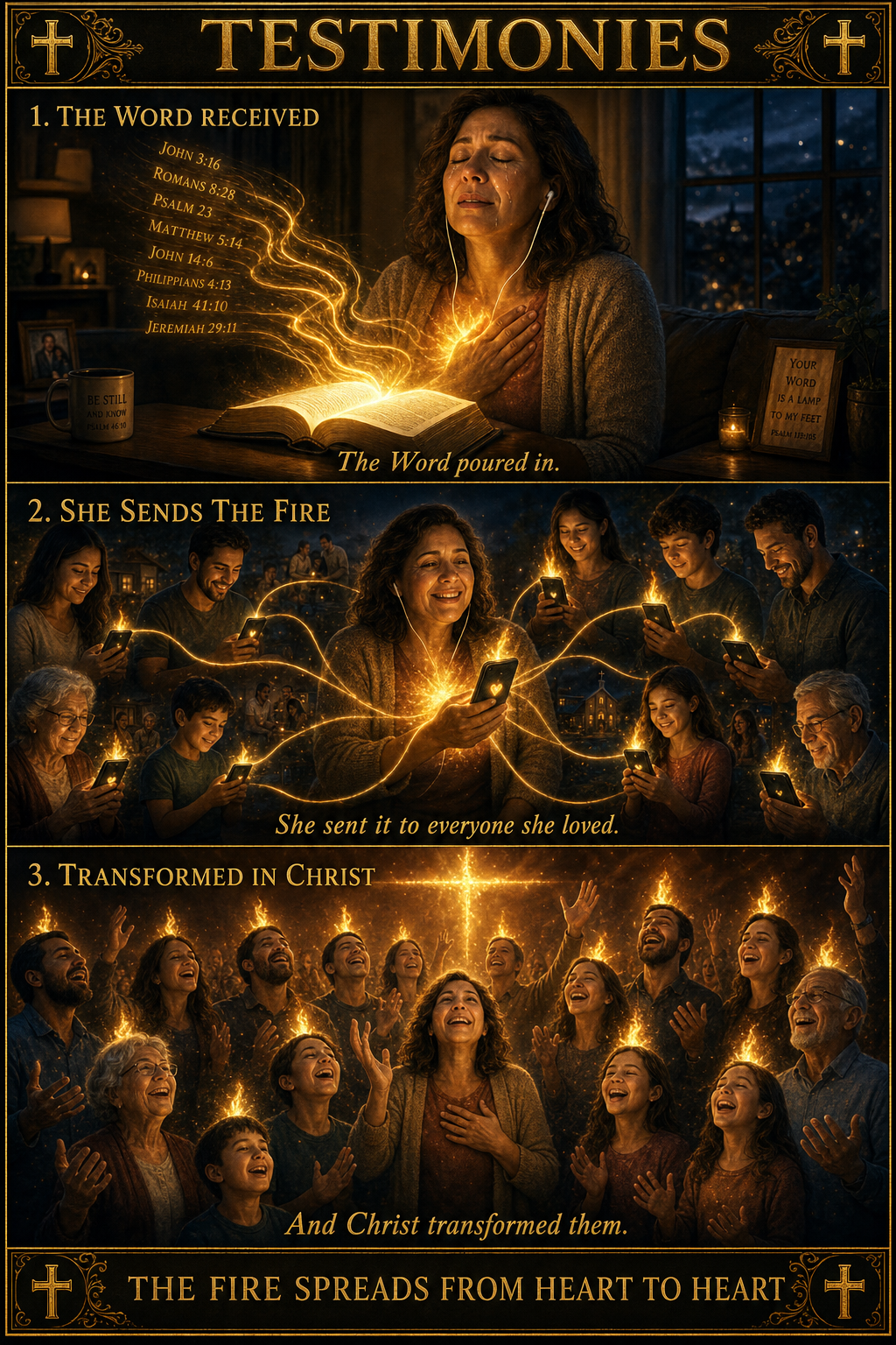 Three-panel cinematic biblical comic. Title bar: TESTIMONIES. 1. THE WORD RECEIVED — a woman listening through earbuds to a glowing open book, holy fire kindling in her chest, tears of awe, the chapters pouring in as golden light. 2. SHE SENDS THE FIRE — she sends it to everyone she loves; family and friends of all ages each receive a personal flame through their glowing phones, holy fire passing heart to heart. 3. TRANSFORMED IN CHRIST — the family gathered, each crowned with a Pentecost flame, hands lifted in worship, a cross of light above. Footer bar: THE FIRE SPREADS FROM HEART TO HEART.