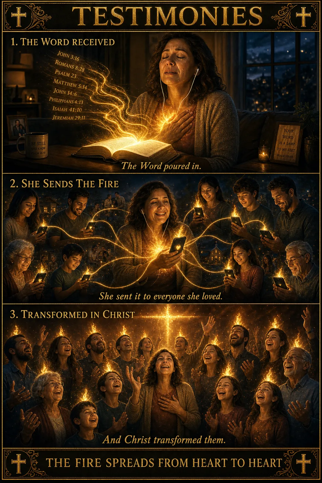 Three-panel cinematic biblical comic. Title bar: TESTIMONIES. 1. THE WORD RECEIVED — a woman listening through earbuds to a glowing open book, holy fire kindling in her chest, tears of awe, the chapters pouring in as golden light. 2. SHE SENDS THE FIRE — she sends it to everyone she loves; family and friends of all ages each receive a personal flame through their glowing phones, holy fire passing heart to heart. 3. TRANSFORMED IN CHRIST — the family gathered, each crowned with a Pentecost flame, hands lifted in worship, a cross of light above. Footer bar: THE FIRE SPREADS FROM HEART TO HEART.