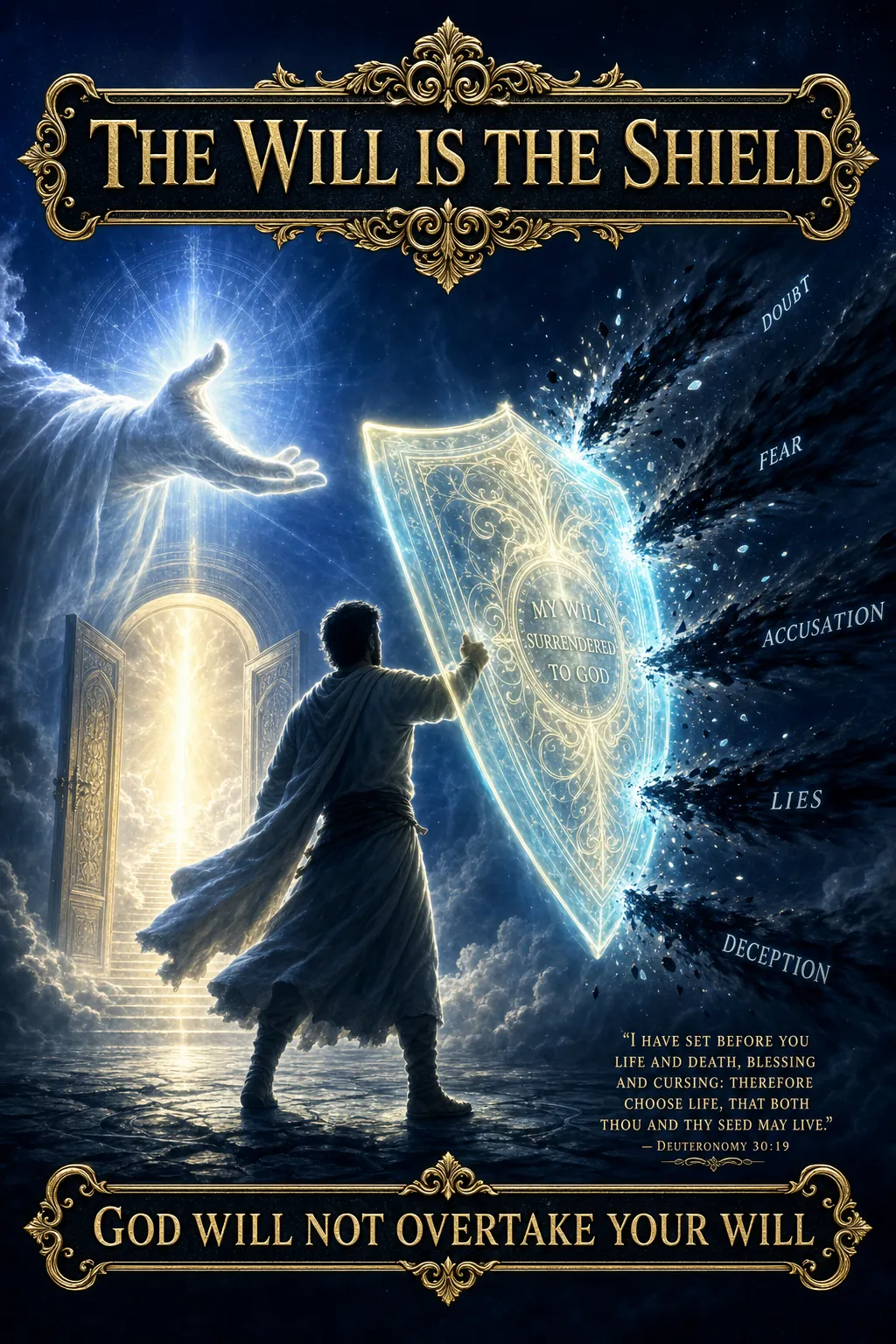 Cinematic biblical concept poster on a deep royal-navy #0F172A background, holy-white linework, portrait vertical stack of three panels. Sacred fire and spiritual power rendered only as pale-gold-and-white light with a cool cyan inner glow, translucent and aurora-like, never orange-red, awe not danger. Panel 1: a person standing with a large luminous shield of pale-gold light before them, cyan-edged, holding back a wave of dark shadow, banner reading YOUR WILL IS YOUR SHIELD. Panel 2: an intercessor at a distance, eyes closed, hands lifted, radiant pale-gold cords of light reaching across a dark cityscape to scatter clinging shadows from a distant figure, banner reading DISTANCE IS NO FACTOR. Panel 3: the freed figure now standing at a fork in a glowing road, one path bright pale-gold and cyan, one path dark, choosing the path of light of their own will, banner reading THEY MUST CHOOSE. Slim sapphire title bar with pale-gold lettering reading THE WILL IS THE SHIELD.