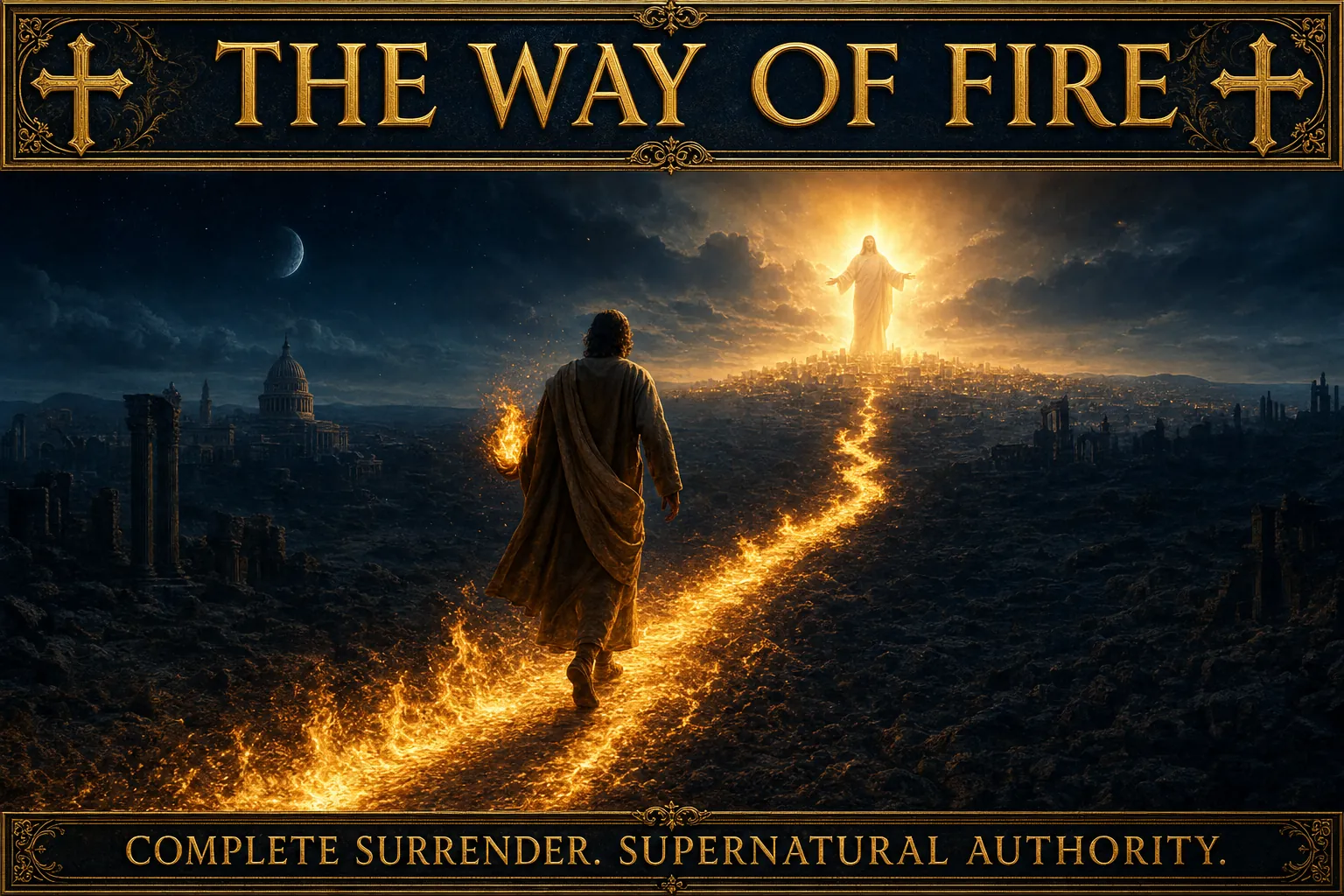 Cinematic biblical concept poster, deep midnight-blue and gold palette with holy-fire orange glow. Ornate gold title bar with cross flourishes reading THE WAY OF FIRE. A lone surrendered believer walking a narrow path of holy fire that cuts through a dark world toward a great warm light of Christ on the horizon; the fiery path glowing gold underfoot, the believer upright and unafraid, carrying holy fire; a deep midnight-blue world, the narrow burning way. Gold footer bar: COMPLETE SURRENDER. SUPERNATURAL AUTHORITY.